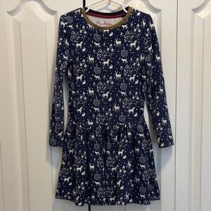 Mini Boden Fantasy Woodland Animal Blue Dropwaist Dress Gold Trim 6-7